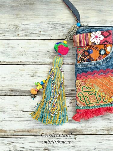 Image of The House of tara Upcycled Denim Sling Bag for Women | Cross Body Bag With Medium Size Compartment, Adjustable Strap | Embellished Shoulder Bag Suitable for College & Travel (Denim Blue)