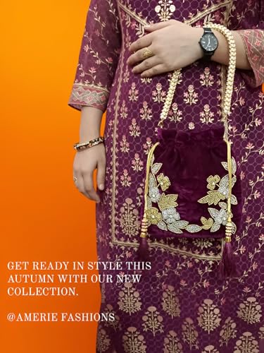 Image of Velvet Potli Bag with Golden & Silver Beaded Flower Embroidery - Handcrafted Ethnic Drawstring Bag for Weddings, Parties & Festive Gifts - Beaded Handle & Tassels for Women