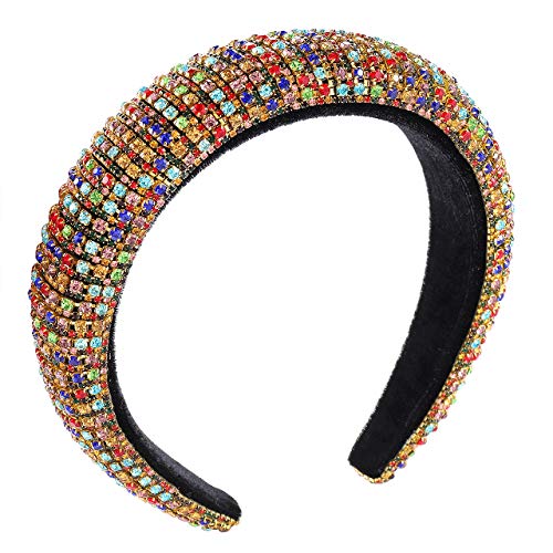 Padded Rhinestone Crystal Headbands For Women Girls Sparkly Colorful Bejewled Wide Velvet Hairband Party Headpiece Headwear Statement Hair Accessory (multicolor Rhinestone)