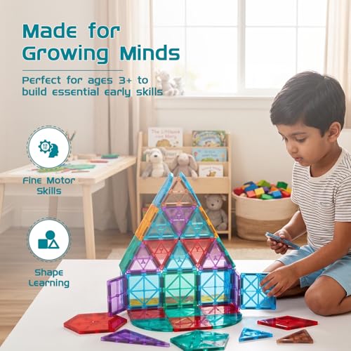 Image of Amazon Brand - Jam & Honey Magnetic Tiles Building Blocks for Kids | 40 Pcs Geometric Builder Set | STEM Learning & Creative Construction Toy | Brain Development & Educational Play | Durable MABS Plastic with Strong Magnets | Multiple Geometric Shapes Included | Ages 3+ Years | Multicolour | Product Dimensions: 24.5 x 16.5 x 6.5 cm