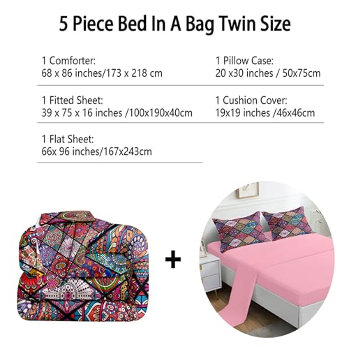 Rowadalo Boho Comforter Set Twin Size,5 Piece Bed In A Bag Mandala Bedding Quilt Set,Colorful Hippie Mandala Comforter And Sheet Set,Soft Microfiber Complete Bedding Sets For All Season,Djt-Boho 501-Twin thumb #3