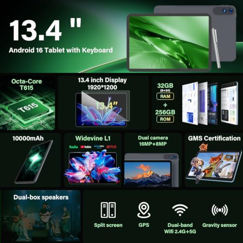 Image of Android 16 Tablet with Keyboard - 13 inch Tablet with 32GB+256GB+2TB Expand | Gemini AI Tablets PC with 8-Core, 10000mAh, 120Hz 1920x1200 IPS, GPS, 2 in 1 Large Tablets with Case, Mouse, Stylus (Black)