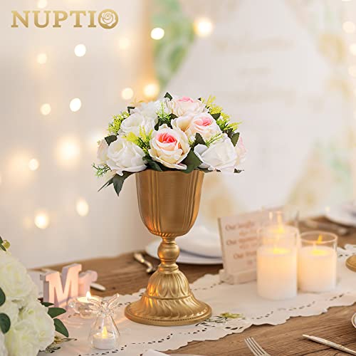 Image of NUPTIO Pcs of 10 Fake Flower Ball Arrangement Bouquet,15 Heads Plastic Roses with Base, Suitable for Our Store's Wedding Centerpiece Flower Balls for Centerpieces Home Decor (Pink Champagne & White)