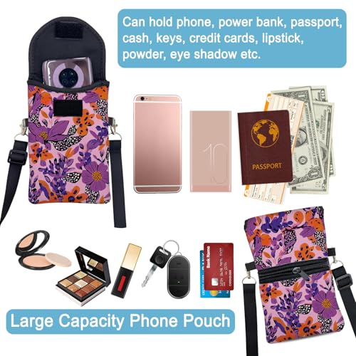 Image of Neoprene Cell Phone Sleeve Pouch Case Bag with Crossbody Strap Neck Lanyard for Women 7.5 X 4.3 in Purple Flower