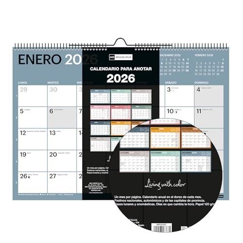 Miquelrius Wandkalender 2026, Chromat, Jahresplaner A3, 420 x 296 mm, Notizfeld, Doppelspiralbindung, 9 Innenfarben, Planer 12 Monate, Spanisch