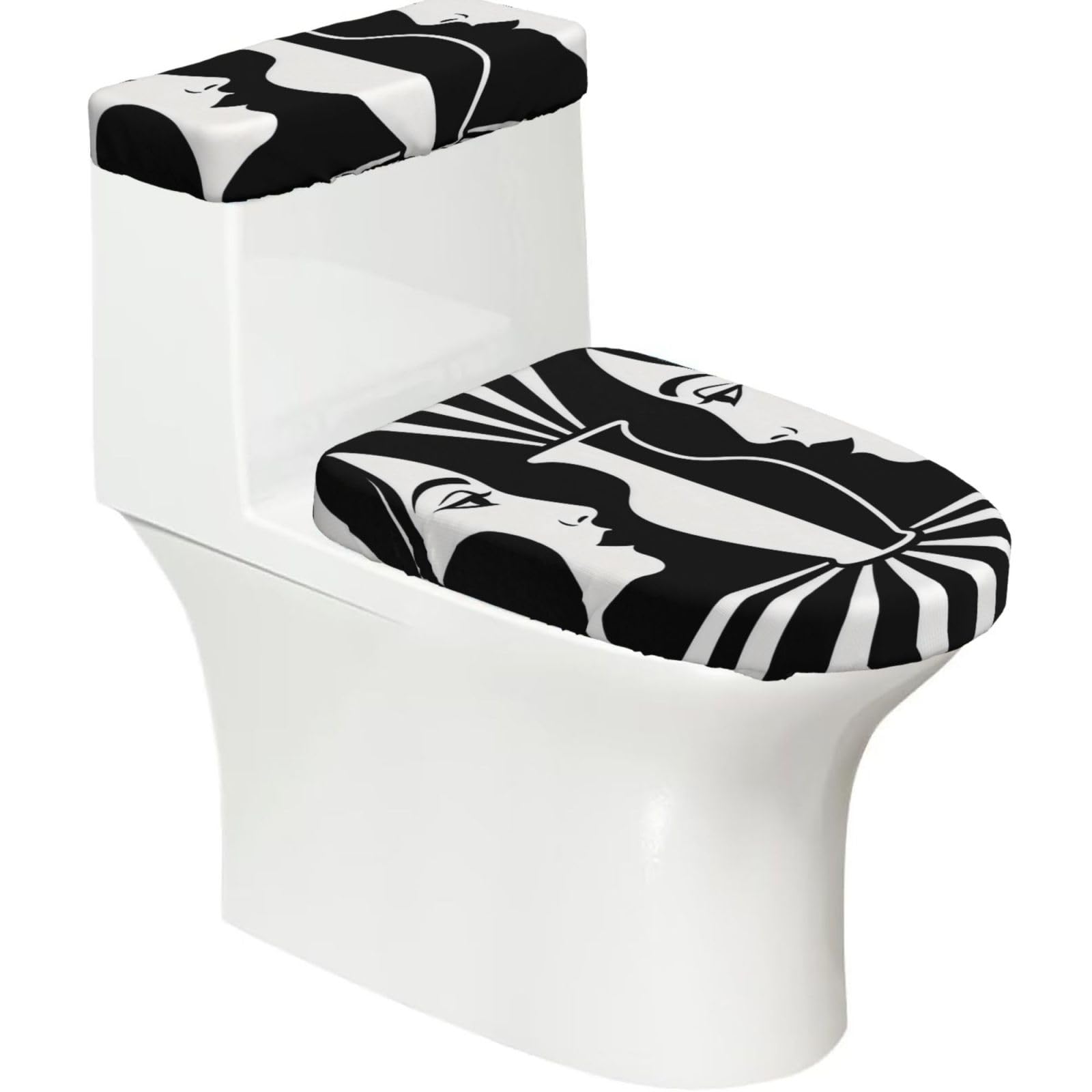 Vase Illusion Elastic Toilet Cover Set of 2-Stretchy Lid and Tank Covers for Bathroom, Soft Washable U Shape Toilet Decor
