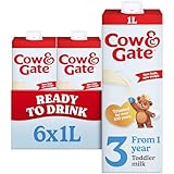 Cow & Gate 3 Toddler Baby Milk Ready to Use Liquid Formula, 1-3 Years, 1 L (Pack of 6) - Packaging May Vary
