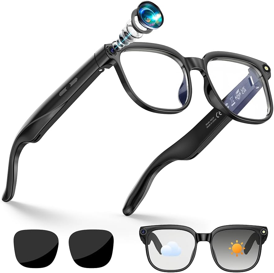AI Smart Glasses, Brille mit 800 W Kamera, 2 Paare Brillengläser, 1080P HD Video und Audiorecording mit Bildstabilisierung, Musikwiedergabe/Bluetooth-Anrufe/AI-Assistent/Echtzeitübersetzung