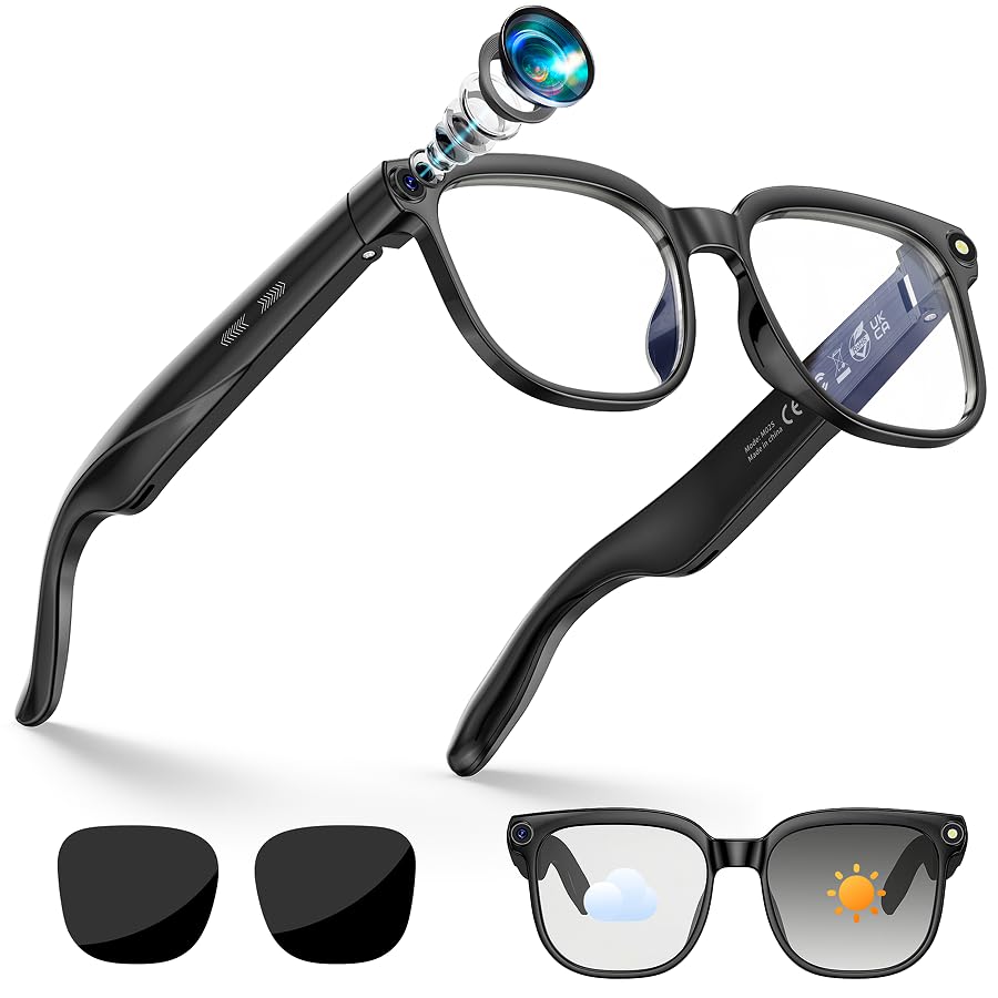 Haulvean AI Smart Glasses Brille mit 800 W Kamera 2 Paare Brillengläser 1080P HD Video und Audiorecording mit Bildstabilisierung Musikwiedergabe/Bluetooth-Anrufe/AI-Assistent/Echtzeitübersetzung