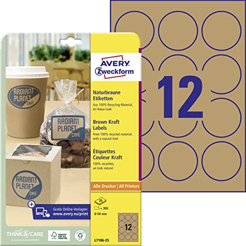 AVERY Zweckform L7106-25 Kraftpapier Etiketten (300 Aufkleber zum Bedrucken, Ø60 mm auf A4, selbstklebend, runde Recycling Etiketten, nachhaltige Produktaufkleber) 25 Blatt, naturbraun