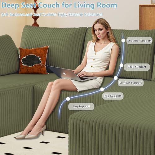 Image of 96 inch Boneless Cloud Sectional Couch Modular Sofa with Ottoman | Modern U-Shaped Couches, Comfy Corduroy Memory Foam Sofas with Oversized Chaise for Living Room (Green,Left-Facing Chaise)