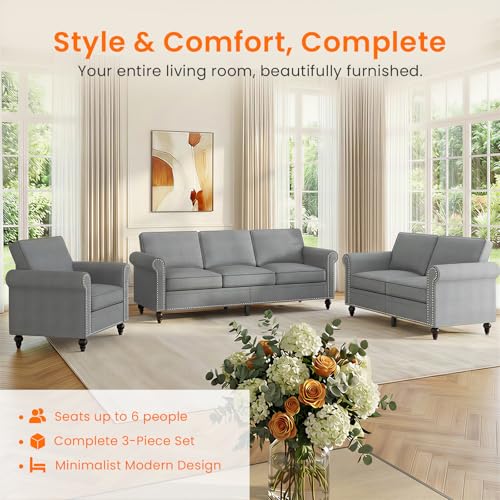 Image of ijuicy 3 Pcs Sectional Sofa Set for Living Room-Modern Linen Upholstered Couch Set with 5 inch Thick Cushion & Nailhead Trim, Living Room Furniture (Armchair, Loveseat, 3 Seat Sofa, Light Gray)