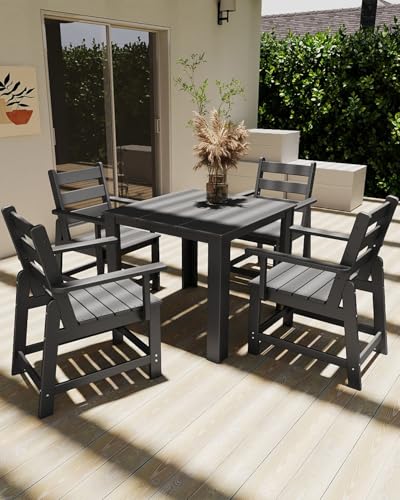 Image of GREENVINES 5-Piece-Outdoor-Dining-Set | HDPE | Square | Patio Furniture | Table and Chairs Sets for 4 | All Weather | Removable Armrests | Umbrella Hole | for Backyard Poolside Garden | Grey