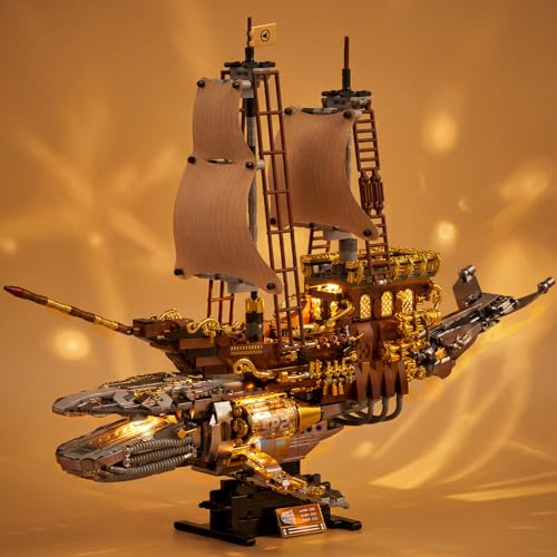 2 en 1 técnica ballena barco pirata juguete de construcción con luz, 1960 piezas modelo barco bloques de sujeción para adultos y niños, gran juego de bloques de construcción de ballena mecánica