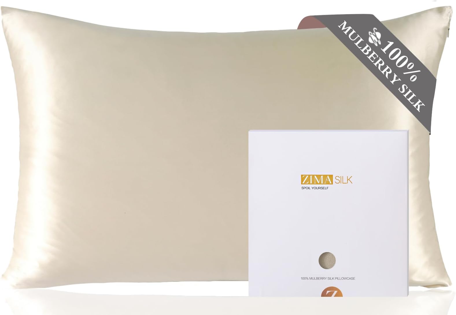 ZIMASILK 100% Pure Mulberry Silk Pillowcase for Hair and Skin Health,Soft and Smooth,Both Sides Premium Grade 6A Silk,600 Thread Count,with Hidden Zipper,1pc (50x75cm, Beige)