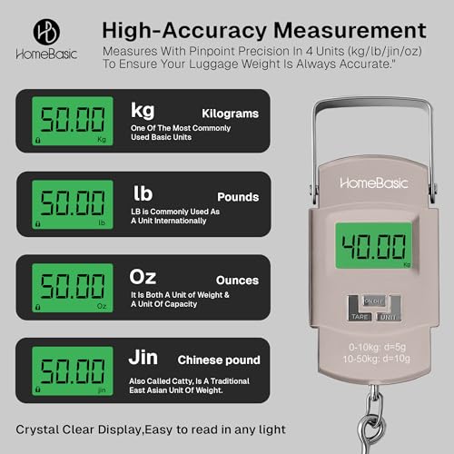 Image of HomeBasic Digital Luggage Weight Scale 50kg | Weighing Machine for Luggage Bags, 4 Weighing Modes (kg /lb /oz /jin), LCD Display, Tare Function, Auto-Off, Portable Travel Weighing Scale (BEIGE)