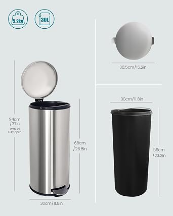 Trash Can with Lid, Tall Round Trash Can, Silver Metal Trash can | 8 Gallon, Stainless Steel Trash Can, Removal Inner Liner, Soft Close lid, Kitchen Trash can for Office, Living Room, Bathroom