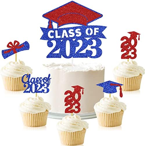 Graduation Cake Topper Congrats Grad Cupcake Toppers Kindergarten High School College University Glitter Decoration Blue Red