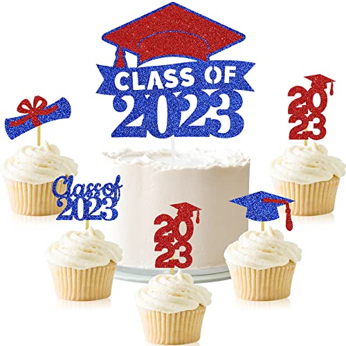 Graduation Cake Topper Congrats Grad Cupcake Toppers Kindergarten High School College University Glitter Decoration Blue Red #TOP1