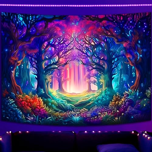 Simpkeely Blacklight Fantasy Forest Tapestry, UV Reactive Nature Magical Tree Glow Wall Hanging Tapestries for Bedroom, Living Room - 51.2