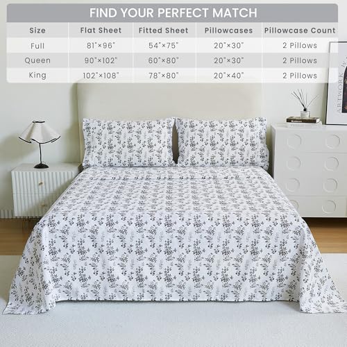 Image of Mooreeke Cozy Vintage Microfiber Printed Full Sheet Set - Soft Breathable Percale Cotton Floral Bed Sheets with Deep Pocket - Non-Slip Fitted Design - Gradient Grey Small Flowers Pattern