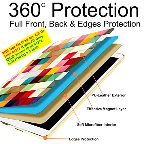 Image of DuraSafe Cases for iPad 2nd 2011 3rd 4th Gen 2012-9.7 [iPad 4 iPad 3 iPad 2 Old Model ] A1458 A1416 A1395 MC705HN /A MD328HN /A Ultra Slim Printed Smart PU Leather Flip Folio Book Cover - Color Grid