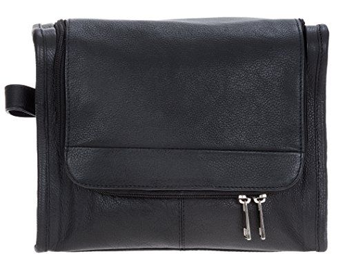 Preisvergleich Produktbild Kulturtasche DERMATA aus feinem Leder Kulturbeutel Kosmetiktasche SCHWARZ + Beutel (Schwarz FLIP 47)