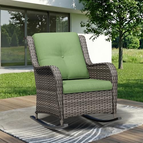 Image of Outdoor Rocking Chair, Wicker Patio Chair with Thickened Olefin Cushions, High Back and Deep Seating, Hand-Woven PE Rattan for Porch, Deck, Balcony, Green