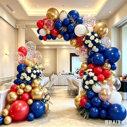 Image of Red White Blue Balloons Arch kit, Royal Blue Gold whit Confetti,129 Pcs