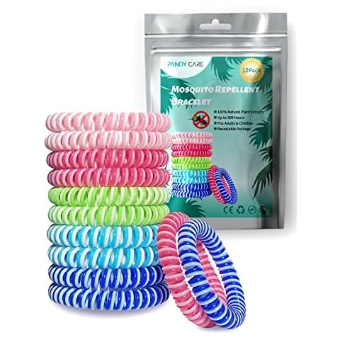 Mosquito Repellent Bracelet 12 Pack, PandyCare Insect, Midge & Mosquito Bands Wristbands for Adults, Kids & Baby - 2 Coils in 1, Waterproof, 100% Natural Plant Essential Oil, Deet Free with 300 Hours Cover