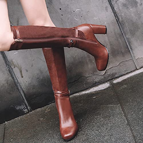 BEAUPAS Women's Knee High Boots Chunky High Heels Boots Buckle Round Toe Zip Up Block Heel Shoes4