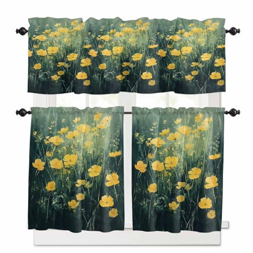 Spring Floral Kitchen Curtains 24 Inch Length,3 Piece Rod Pocket Small Half Tiers and Valance Set,Yellow Green Botanical Modern Oil Painting Small Large Window Treatment Decor for Bedroom/Bathroom
