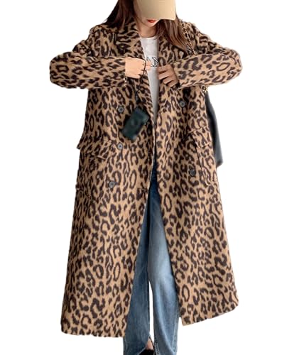 Sexyshine Women's Leopard Print Long Trench Coat Notched Lapel Double Breasted Pea Coat Wool Overcoat Jacket