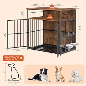 Dog Crate Furniture with Storage, 31.5″ Heavy Duty Dog Kennel with Bowls & Removable Tray, Wooden Dog Cage End Table for Small/Medium Dogs, Chew-Resistant, Rustic Brown DCHR10801