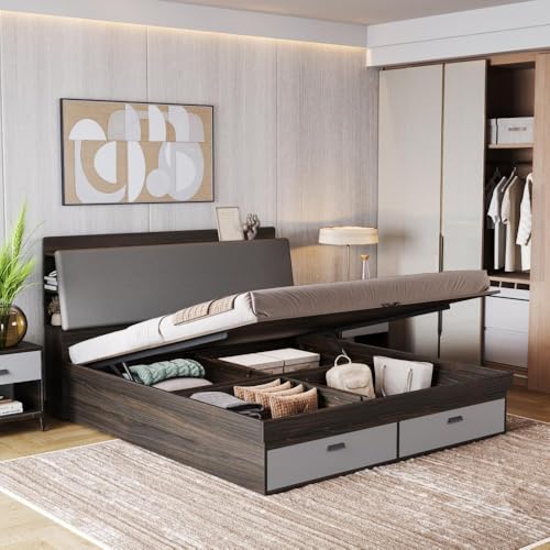 Image of Wakefit Atlas King Storage Engineered Wood Bed with Hydraulic Mechanism with Thunder Cloud Upholstered Headboard