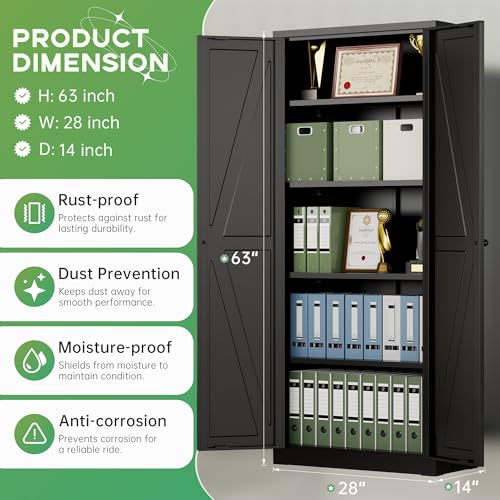 Image of INTERGREAT Metal Storage Cabinet with Magnetic Doors, 63 inch H Modern Classic Style Metal Cabinets with 2 Doors and 4 Adjustable Shelves for Home Office, Kitchen, Bathroom (Black)