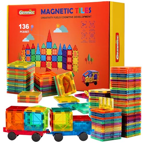 Image of Gemmicc Magnetic Tiles, Deluxe 136 PCS Building Blocks Magnet Toys for Kids,3D Magnet Puzzles Stacking Blocks for Boys Girls,Huge Set with 2 Cars