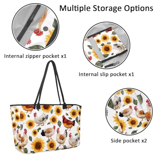 Large Beach Bag for Women, Sunflower Highland Cows Travel Tote with Pockets Waterproof Shoulder Handbag2