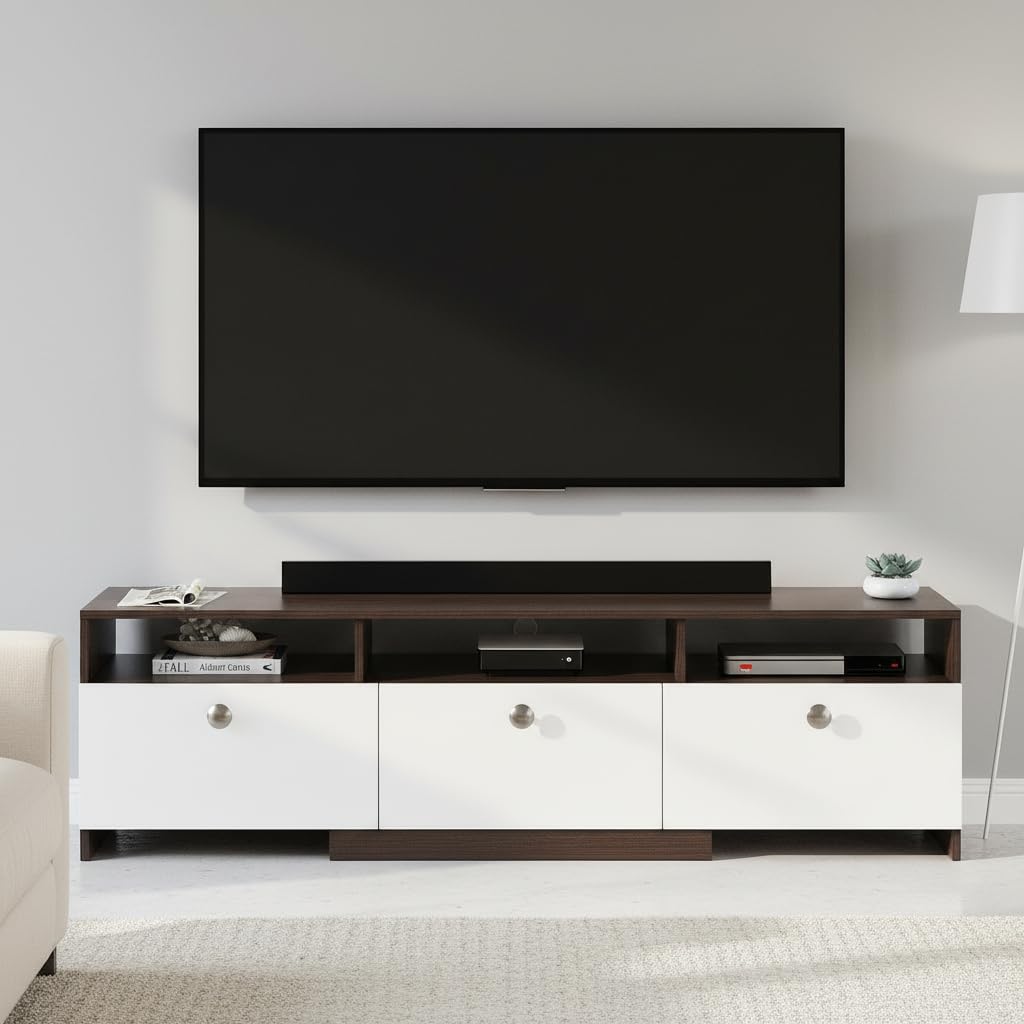 FURNEASER Mansor Engineered Wood Floor Standing TV Cabinet for 65 Inch TV | TV Entertainment Unit & Media Console with Storage & Display Shelves | Set Top Box Stand | Wenge & White