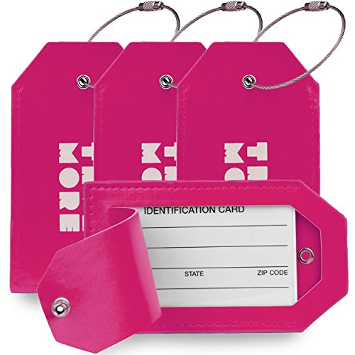 Paquet de 4 étiquettes de Valise en polyuréthrane TravelMore - avec Rabat de Protection - Lot d'étiquettes d'identification de Voyage pour Sacs et Bagages - Hommes et Femmes - Rose