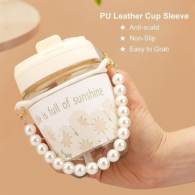 Image of HOHO Pearl Glass Mug with Straw | Cute Transparent Coffee & Milk Cup | Reusable Travel Sipper Tumbler for Juice,Smoothies,Bubble Tea & Iced Drinks | Leakproof Aesthetic Mug for Girls-Pack of 1