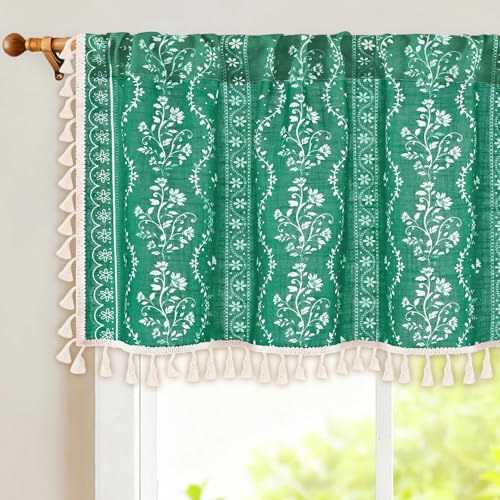 Image of Yinhua Boho Valance Curtains Vintage Linen Teal Kitchen Valances for Windows Light Filtering Bohemian Floral Valance Rod Pocket Farmhouse Tassel Window Valances for Bathroom Cafe, 52 inch W X 18 inch L