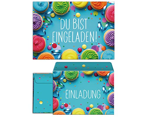 JuNa-Experten 12 Einladungskarten inc. 12 Umschläge zum Kindergeburtstag Mädchen Jungen Muffins Cupcake Einladungen zum Geburtstag