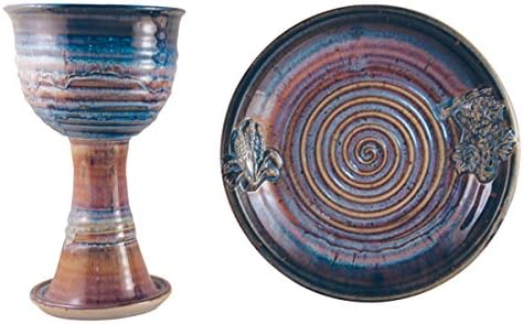 Chalice & Paten Set - Wheat & Grape - Stoneware - Pastel Blue