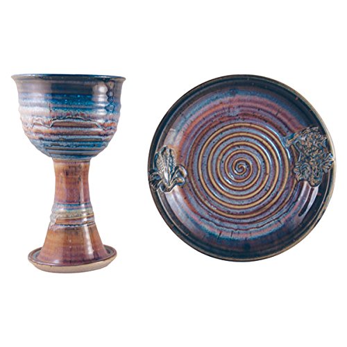 Chalice & Paten Set - Wheat & Grapes - Stoneware - Pastel Blue
