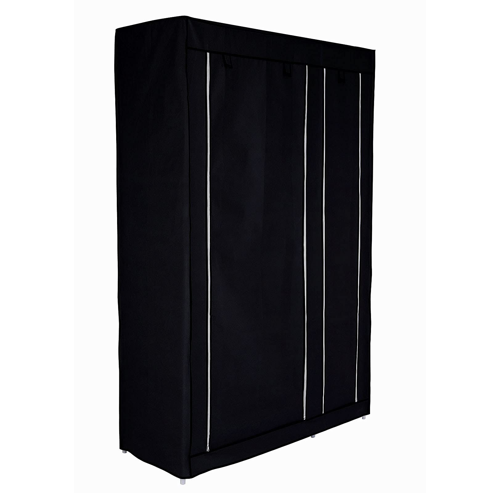 Tavora Szafa materiałowa składana, oszczędzająca miejsce, tekstylna z półkami, 110x45x175 cm, oddychająca i stabilna z drążkiem na ubrania, higieniczna powłoka PP, łatwa w czyszczeniu, czarna