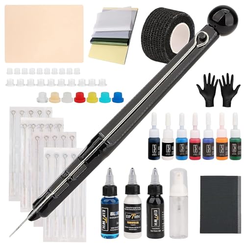 EIPTWH Hand Poke n Stick Tattoo-Set für Anfänger, 20 Stück Tattoo-Nadeln, 7 Farben Tattoo-Tinten-Set, DIY Hand Poking-Set mit Transfergel und blauer Seife, 30 ml Tattoo-Tinte, Schwarz
