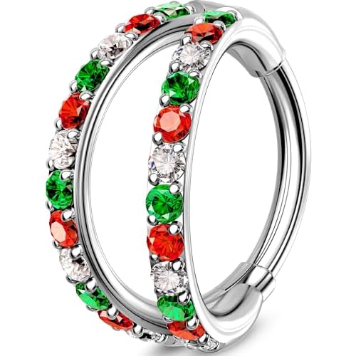 OUFER Christmas Double Hoop Nose Ring, 18G/20 6/7/8mm Red Green Christmas Nose Piercing Nose Rings Hoops Surgical Steel, Festive Hoop Nose Rings for Women Perfect for Xmas Nostril Piercing J