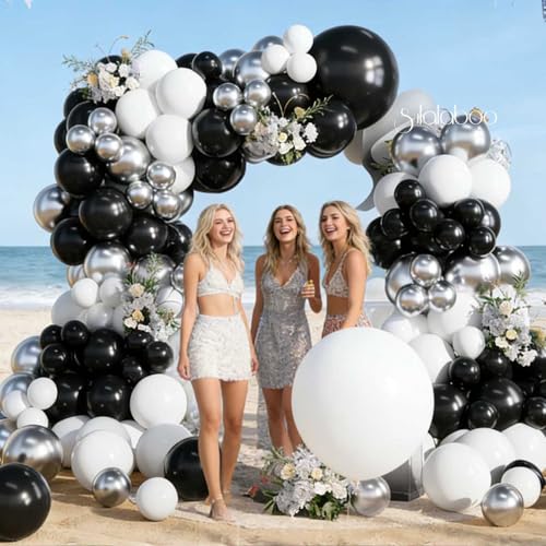Image of Black and Silver Balloons Arch Kit 155Pcs 18 10 5 Inch | Black White Different Sizes Latex Metallic Silver Balloon Garland for Birthday Anniversary Graduation Party Decorations