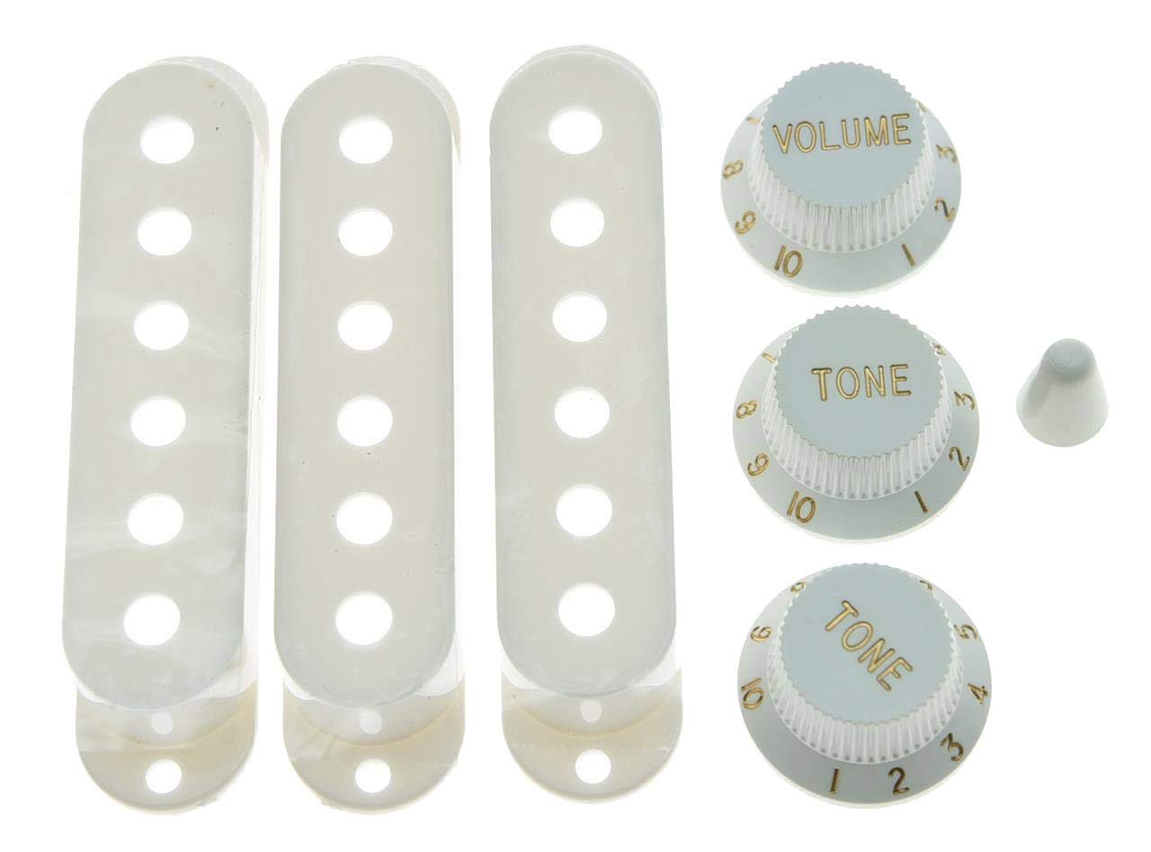 KAISH White ST Strat Pickup Covers Knobs and 5 Way Switch Tip Cap